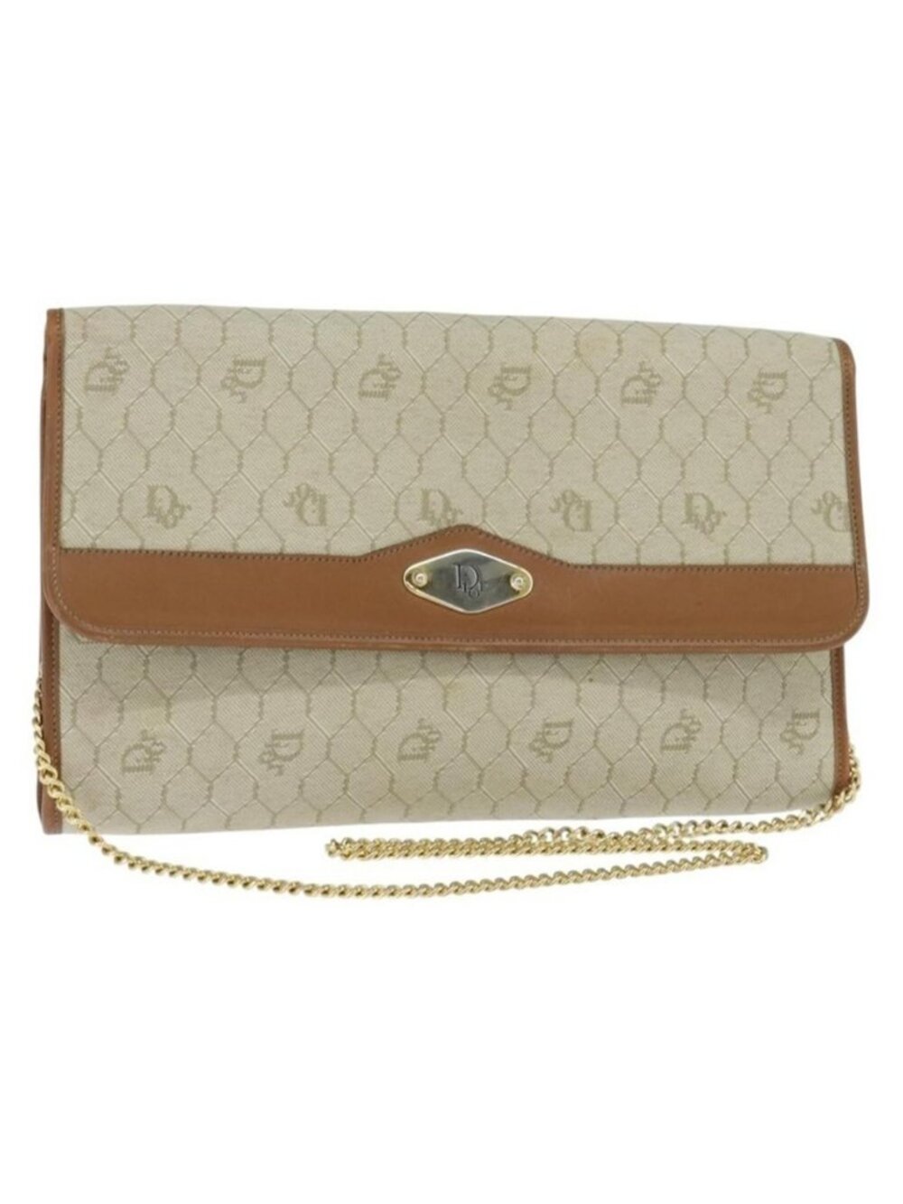Authentic Christian Dior Honeycomb Canvas Chain Shoulder Bag Beige